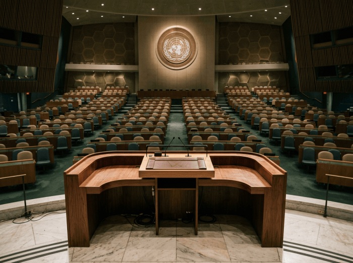 Podium facing the empty United Nations General Assembly Hall
