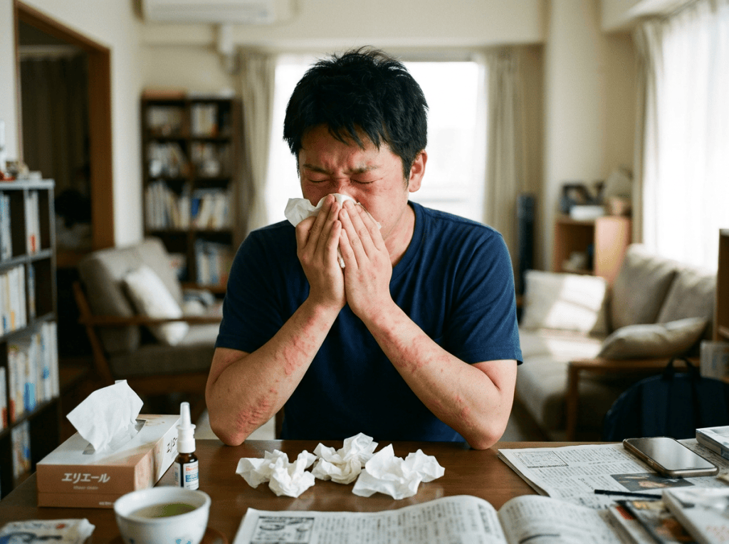 Person sneezing into a tissue beside allergy medicine and used tissues