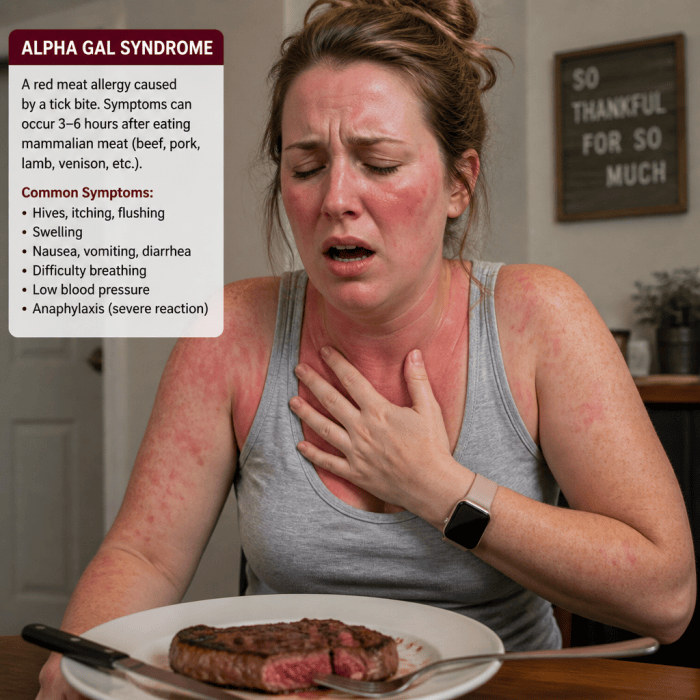 Alpha Gal Syndrome: A red meat allergy caused by a tick bite. Symptoms can occur 3–6 hours after eating mammalian meat (beef, pork, lamb, venison, etc.). Common Symptoms: Hives, itching, flushing; swelling; nausea, vomiting, diarrhea; difficulty breathing; low blood pressure; anaphylaxis (severe reaction).